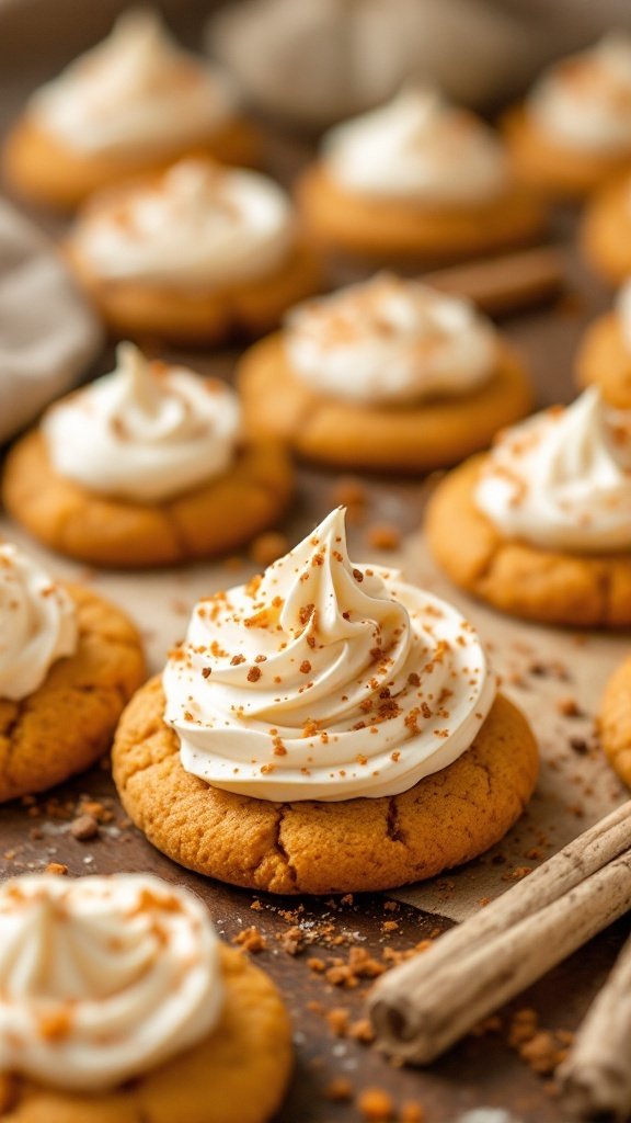Delicious spiced pumpkin cookies topped with swirls of frosting and sprinkles.
