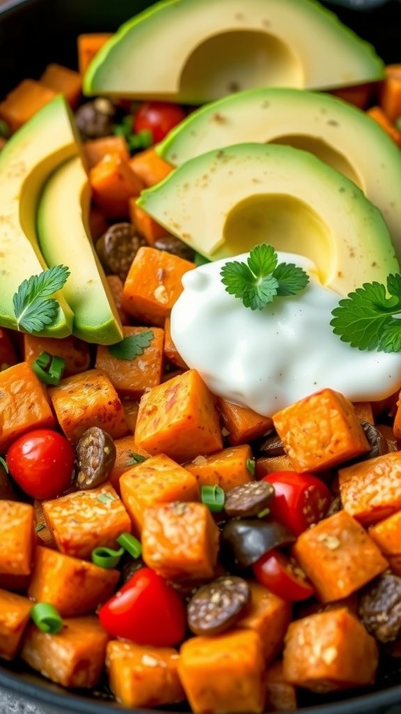 A colorful spiced sweet potato hash with eggs, avocado slices, and garnished with herbs, showcasing a delicious plant-based breakfast.