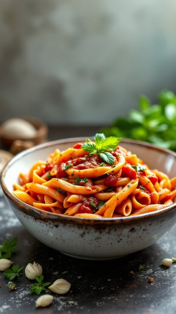 A bowl of spicy arrabbiata penne pasta topped with herbs and garlic.