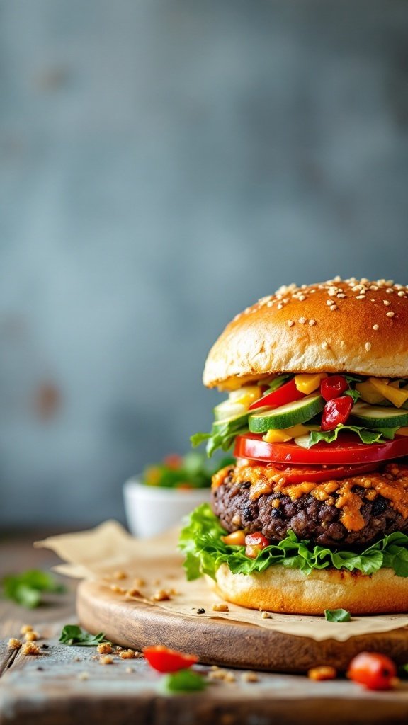 A delicious spicy black bean and quinoa burger with fresh toppings