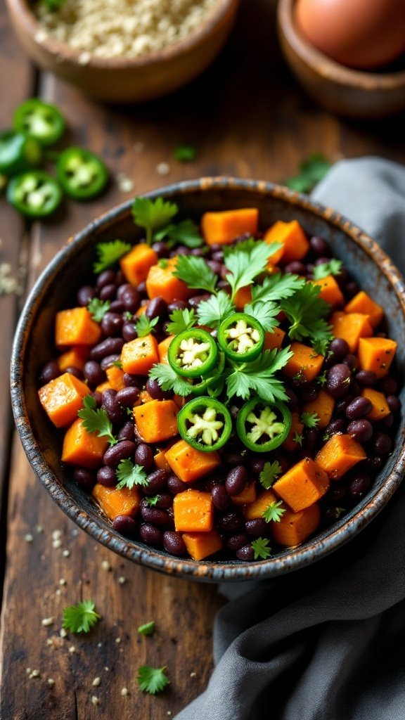 A vibrant Spicy Black Bean and Sweet Potato Bowl with black beans, sweet potatoes, cilantro, and jalapeños.