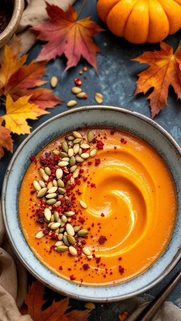 A bowl of vibrant Spicy Butternut Squash Soup surrounded by autumn leaves and pumpkin seeds.
