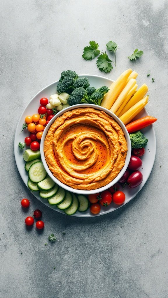 A colorful veggie platter with spicy hummus in the center, featuring an array of fresh vegetables.