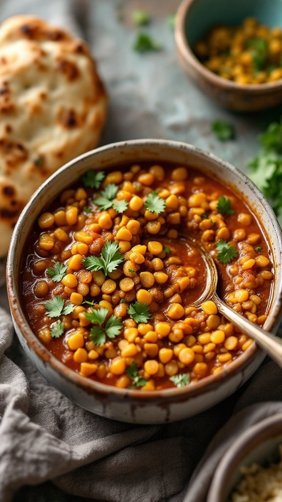 A bowl of spicy lentil dahl topped with cilantro and served with naan.
