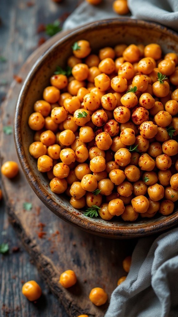 A bowl of spicy roasted chickpeas garnished with herbs, sitting on a rustic wooden surface.