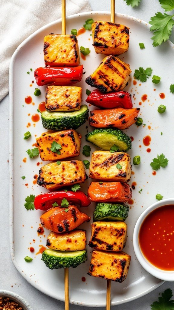 Spicy tofu and vegetable skewers arranged on a plate with a dipping sauce.