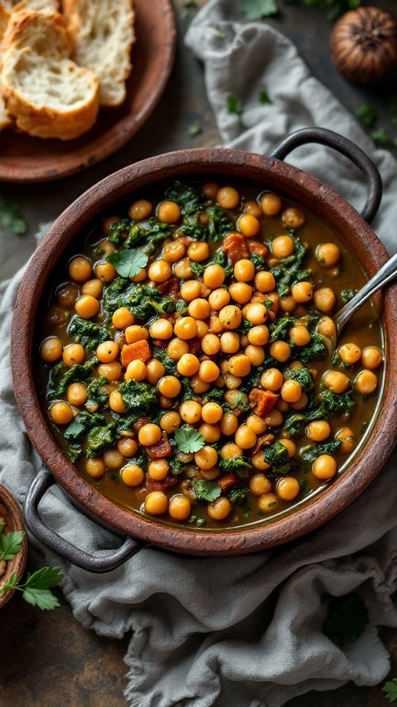 A bowl of spinach and chickpea coconut stew, rich in color with a rustic wooden spoon, alongside slices of fresh bread.