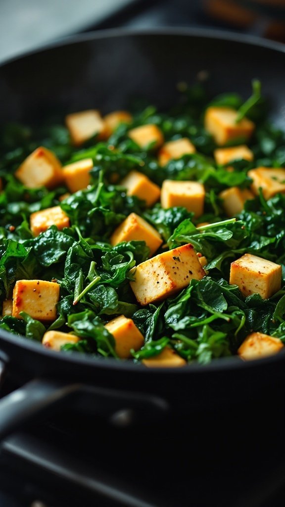 A vibrant spinach and tofu stir-fry in a pan, showcasing golden tofu cubes and fresh green spinach.