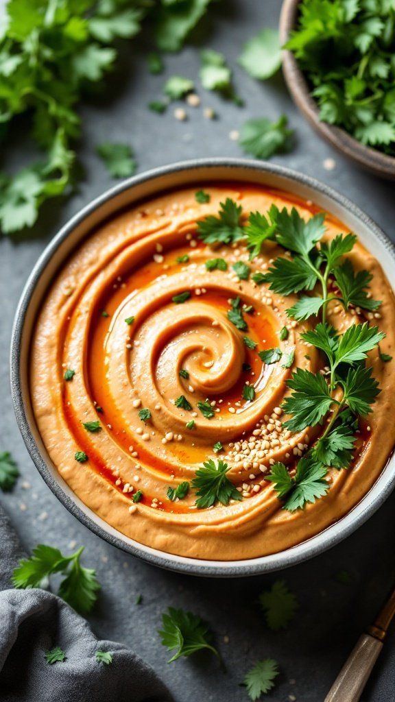 A creamy Sriracha tahini dip garnished with parsley and sesame seeds, served in a bowl.