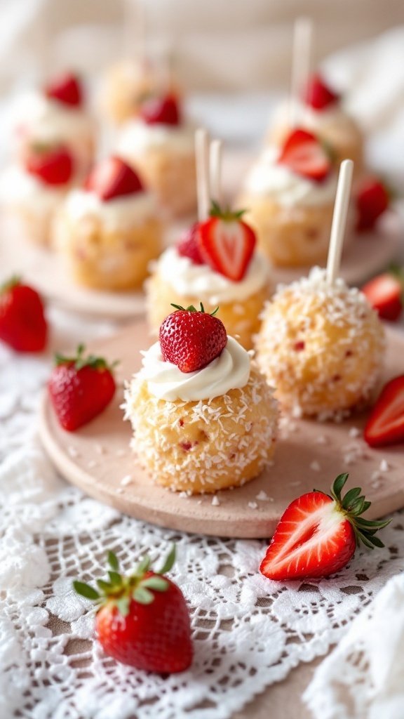 Cute strawberry shortcake vegan cake pops with fresh strawberries on top and shredded coconut