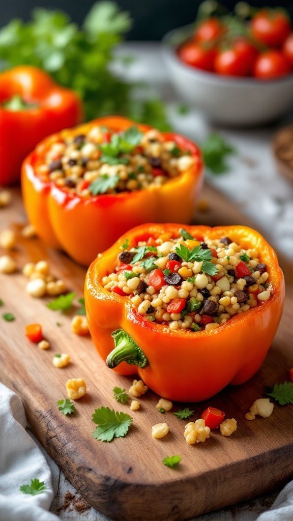 Stuffed bell peppers filled with couscous and beans on a wooden board.