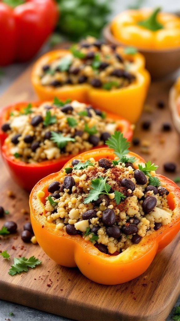 Stuffed bell peppers filled with quinoa, black beans, and spices on a wooden board.
