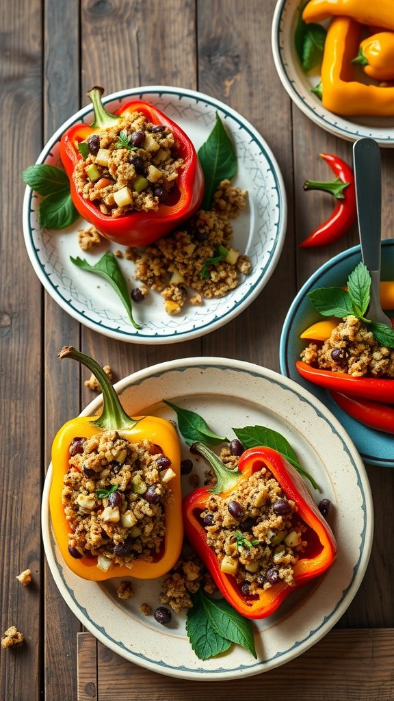 Beautifully stuffed bell peppers with quinoa and black beans on a wooden table
