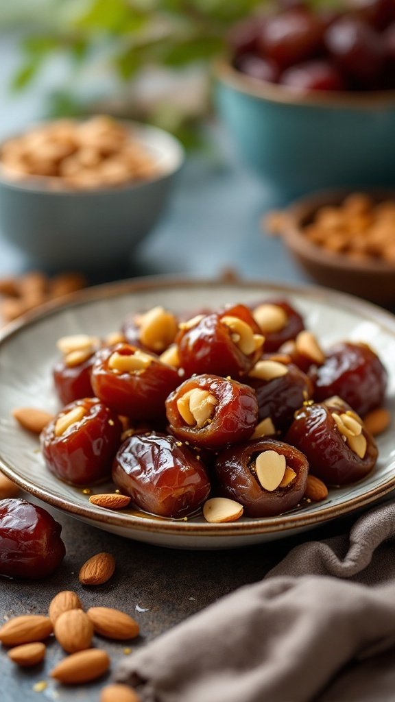 A plate of stuffed Medjool dates with almonds, surrounded by scattered almonds.