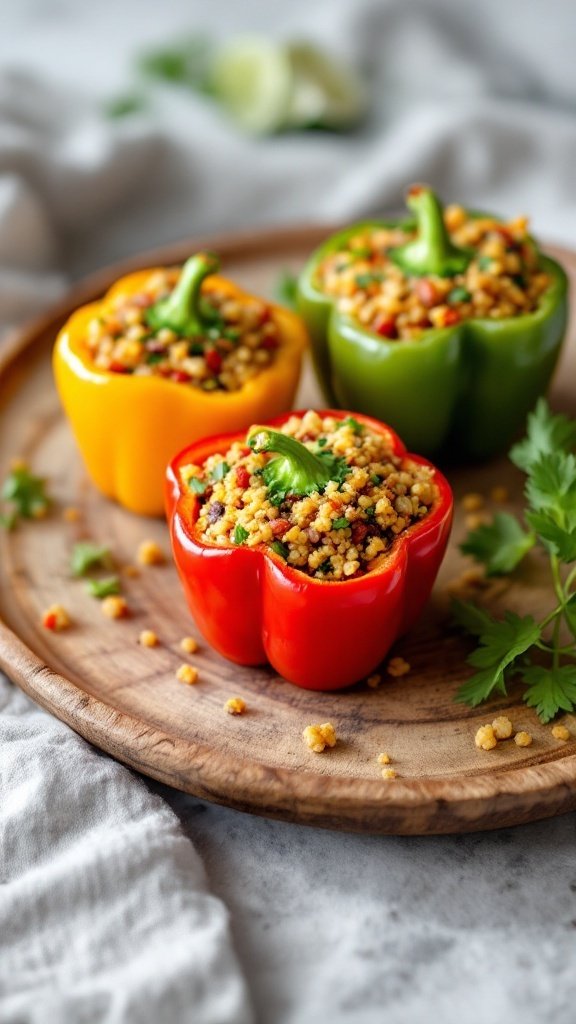 A wooden platter with stuffed mini peppers in red, yellow, and green, filled with a colorful grain mixture.