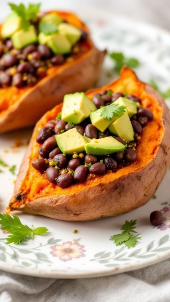 A beautifully plated stuffed sweet potato topped with black beans and avocado slices.