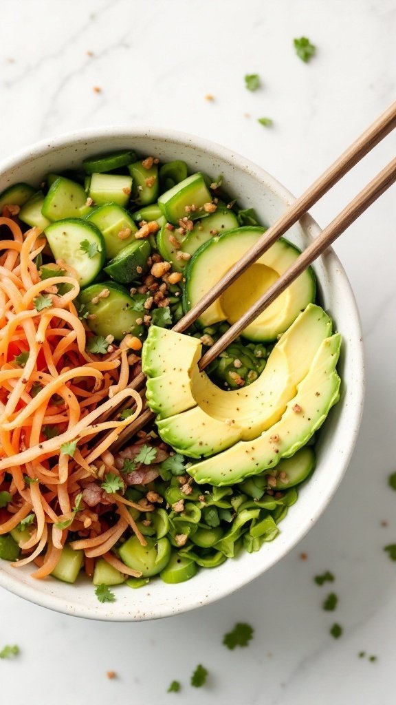 A colorful sushi-inspired veggie bowl with spiralized carrots, cucumber, and avocado, garnished with sesame seeds.