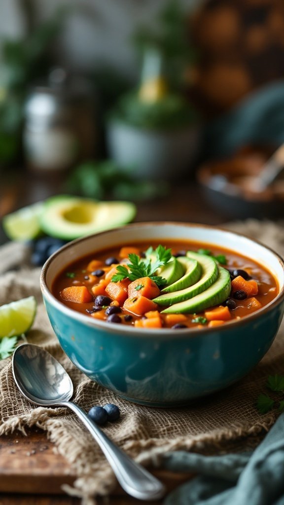 A delicious bowl of sweet potato and black bean soup garnished with lime slices and fresh herbs.