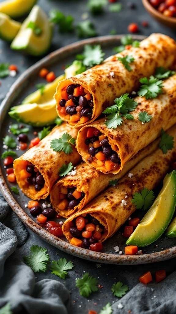Delicious sweet potato and black bean taquitos garnished with cilantro and served with avocado slices.