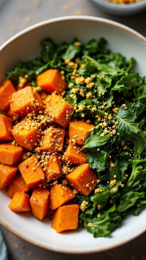 A vibrant breakfast bowl filled with roasted sweet potatoes, fresh kale, and a poached egg.