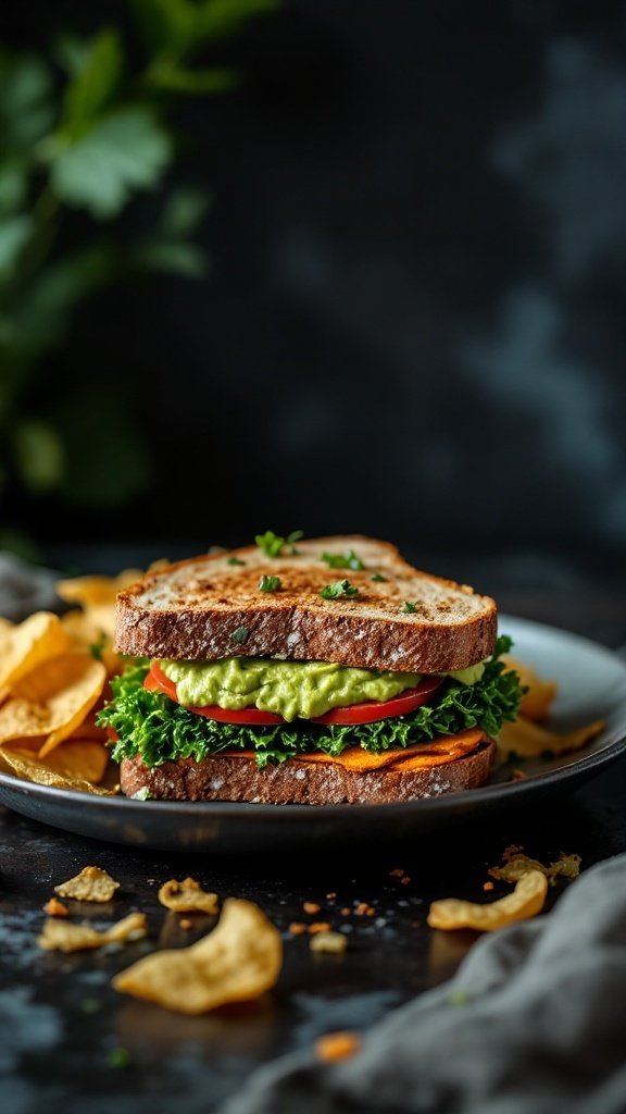 A delicious Sweet Potato and Kale Sandwich with a side of chips.