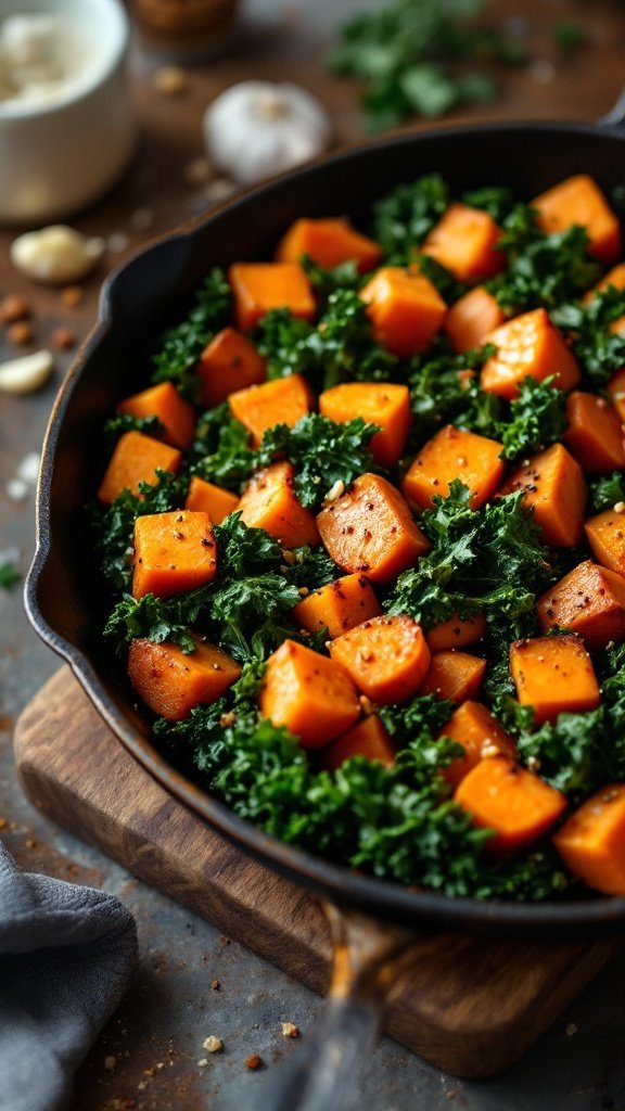 A skillet filled with sautéed sweet potatoes and kale, showcasing a colorful and healthy stir-fry.
