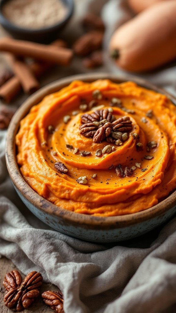 A delicious sweet potato and maple dip garnished with pecans and pumpkin seeds, surrounded by sweet potatoes and cinnamon sticks.