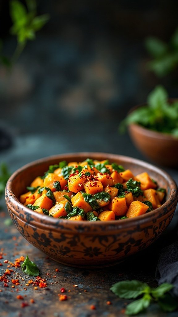 Bowl of sweet potato and spinach curry garnished with red pepper flakes, placed on a textured surface