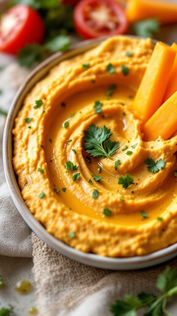 A bowl of creamy sweet potato hummus garnished with parsley and served with carrot sticks.