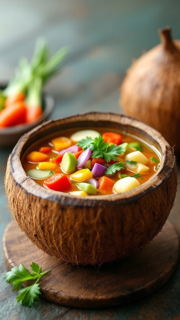 A bowl of Thai Coconut Vegetable Soup filled with colorful vegetables and garnished with cilantro.