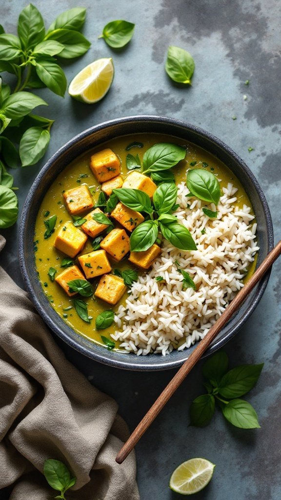A bowl of Thai green curry with tofu, served with rice and garnished with basil and lime.