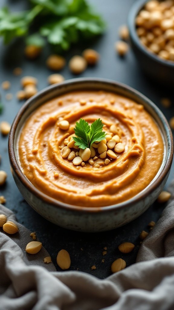 A bowl of creamy Thai peanut dip topped with crushed peanuts and cilantro, surrounded by whole peanuts and a soft cloth.