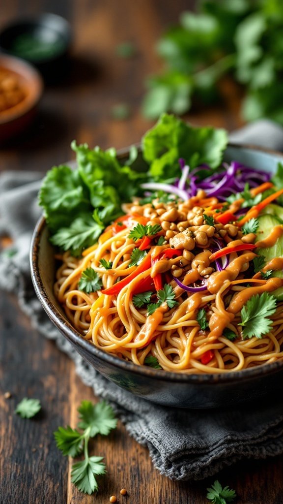 A vibrant Thai Peanut Noodle Bowl with noodles, fresh vegetables, and a peanut sauce drizzle.
