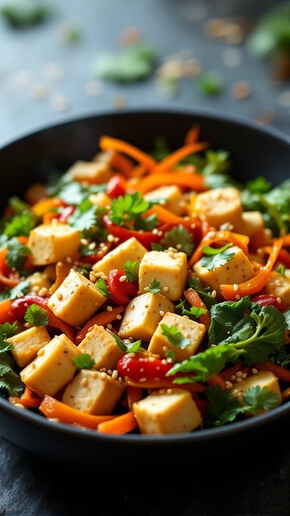 A colorful vegan stir-fry bowl featuring tofu, bell peppers, and cilantro.