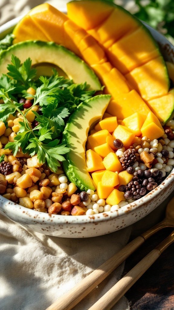 A colorful Tropical Buddha Bowl featuring diced mango, avocado slices, chickpeas, and various grains in a decorative bowl.