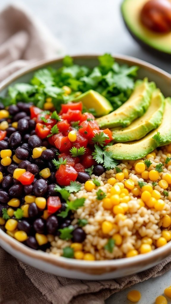 A vibrant vegan breakfast burrito bowl with black beans, corn, diced tomatoes, avocado, and a sunny-side-up egg.