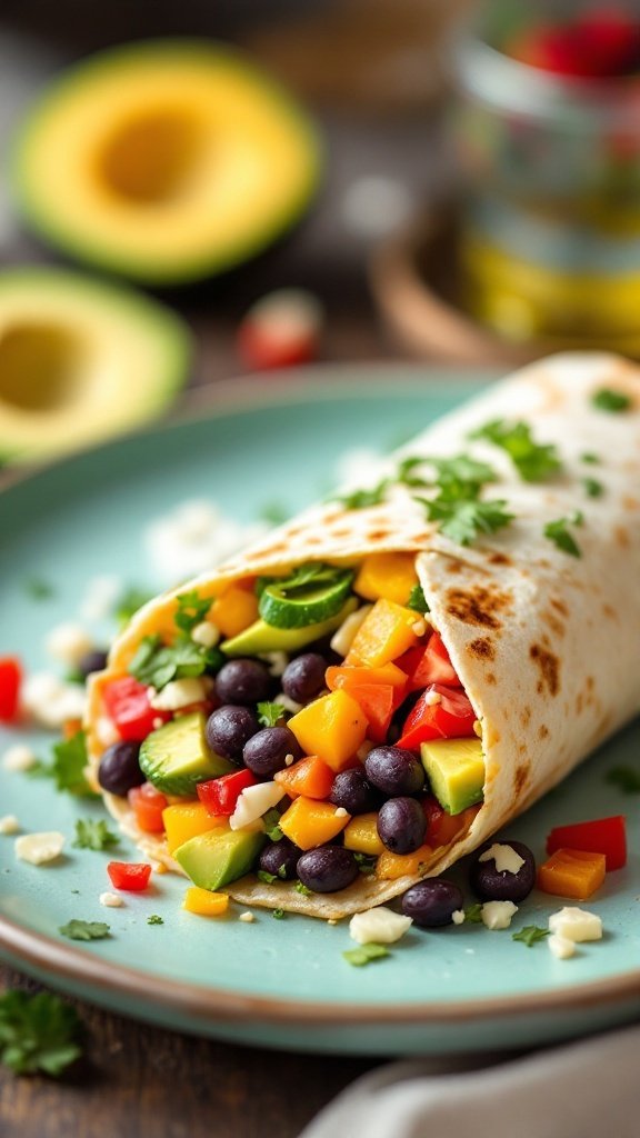 A colorful vegan breakfast burrito filled with black beans, peppers, and avocado, served on a teal plate with fresh herbs.