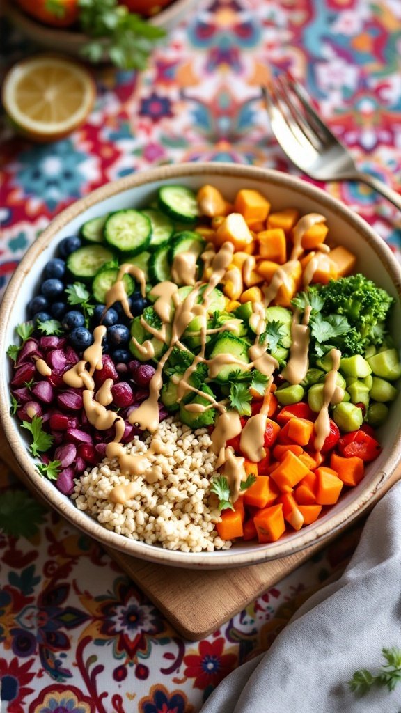 A colorful vegan Buddha bowl filled with grains, chickpeas, sweet potatoes, tomatoes, and topped with tahini