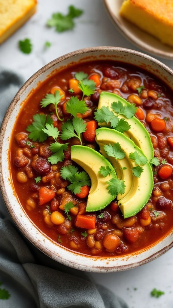 A rustic bowl of vegan chili topped with avocado slices and cilantro, with cornbread on the side.