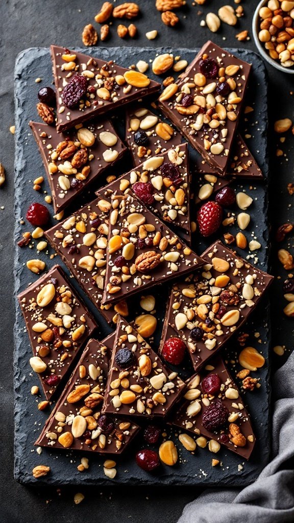 Vegan chocolate bark topped with nuts and dried fruit