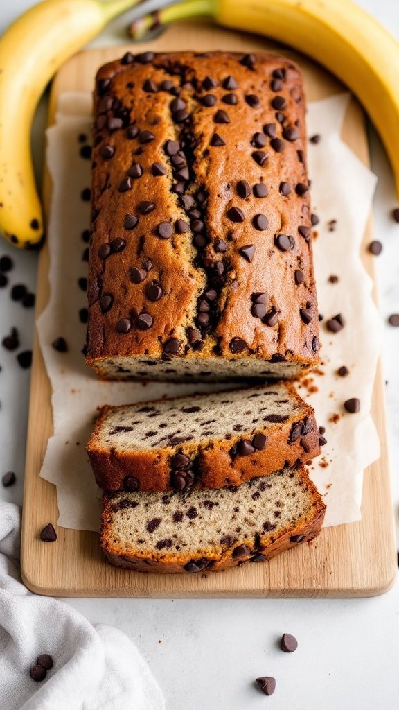 A loaf of vegan chocolate chip banana bread sliced on a wooden board with bananas and chocolate chips scattered around.