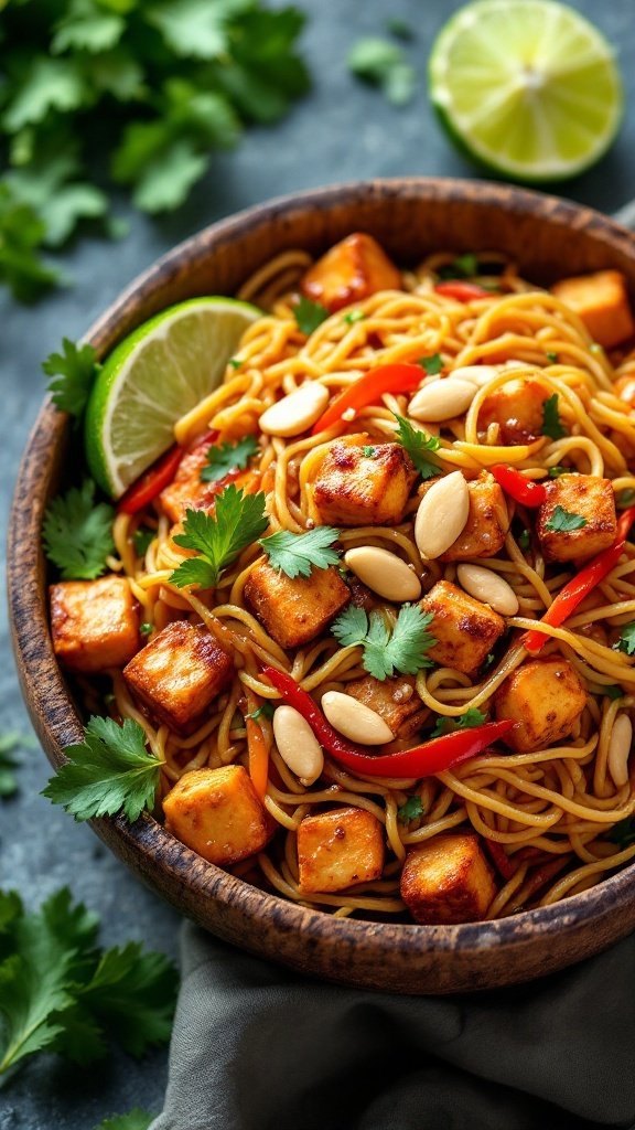 A delicious bowl of Vegan Pad Thai with tofu, garnished with lime, peanuts, and fresh cilantro.
