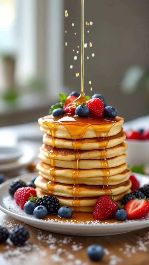 Stack of fluffy vegan pancakes topped with various berries and drizzled with maple syrup.