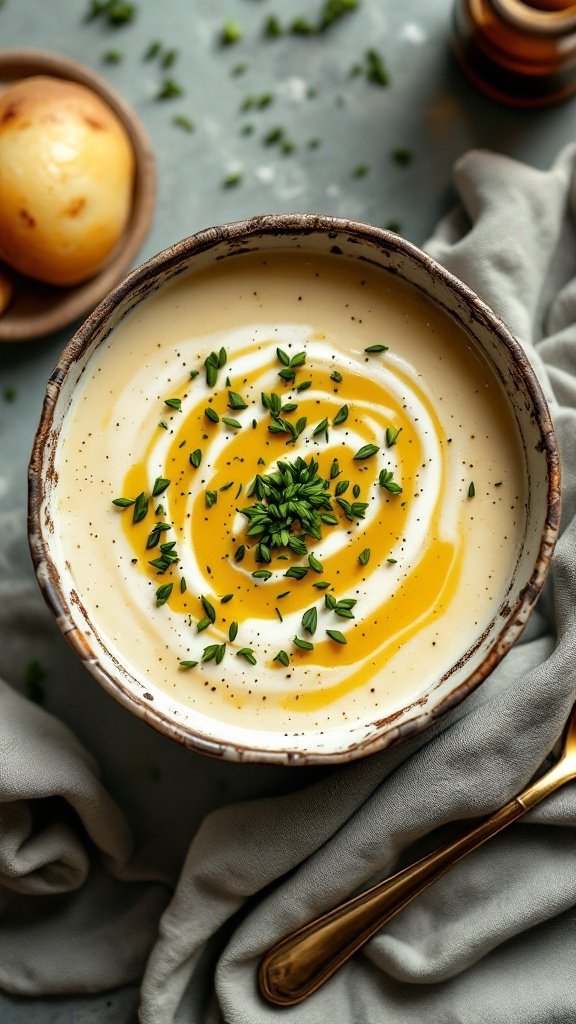 A creamy bowl of vegan potato and leek soup garnished with green herbs, with potatoes in the background.