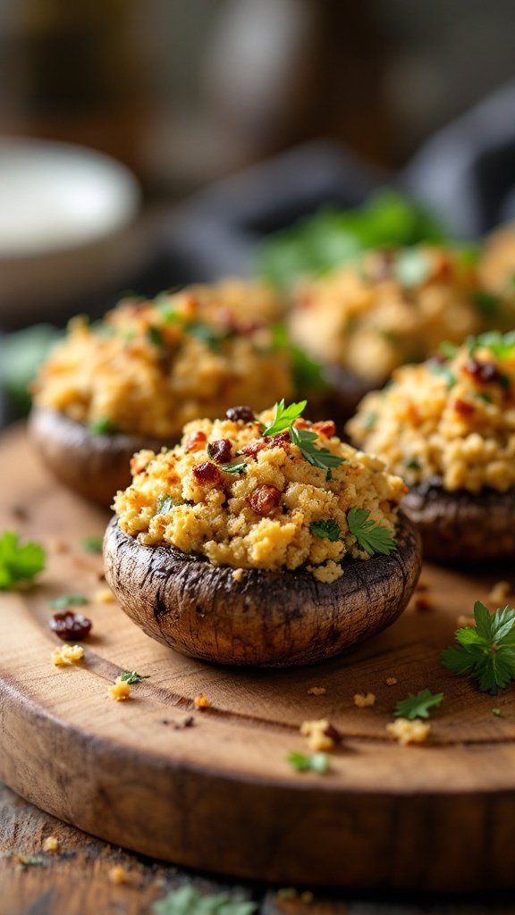Delicious vegan stuffed mushrooms filled with a savory stuffing on a wooden platter.