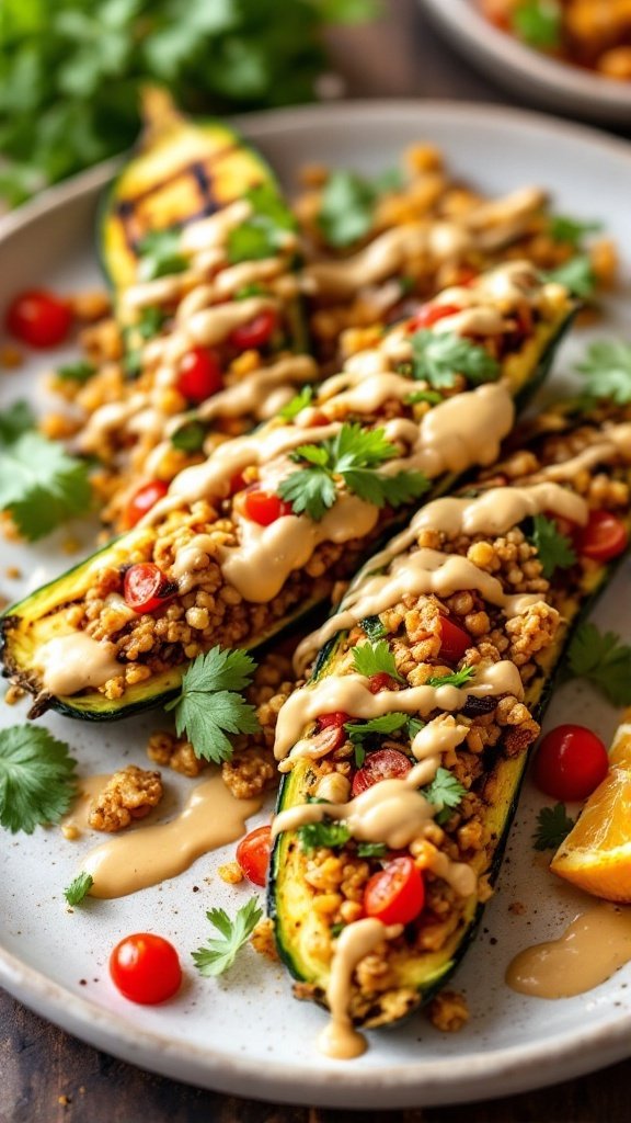 A plate of vegan stuffed zucchini boats topped with tahini sauce and fresh herbs.