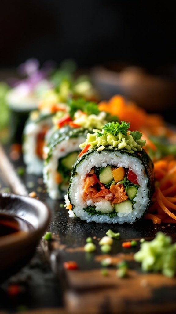 A colorful array of vegan sushi rolls made with fresh vegetables, surrounded by an assortment of raw veggies and dipping sauces.
