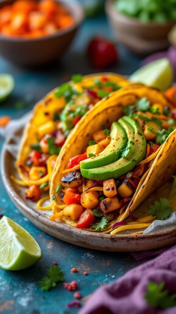 Colorful vegan tacos filled with grilled vegetables, garnished with herbs and lime.