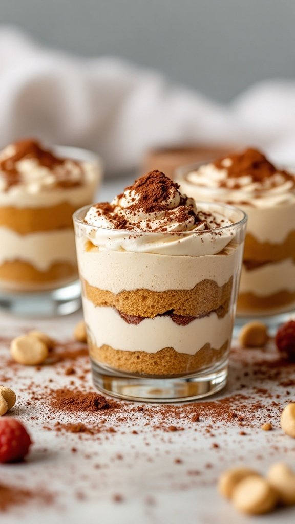 Three cups of vegan tiramisu layered with cream and cocoa, surrounded by scattered cocoa powder and nuts.