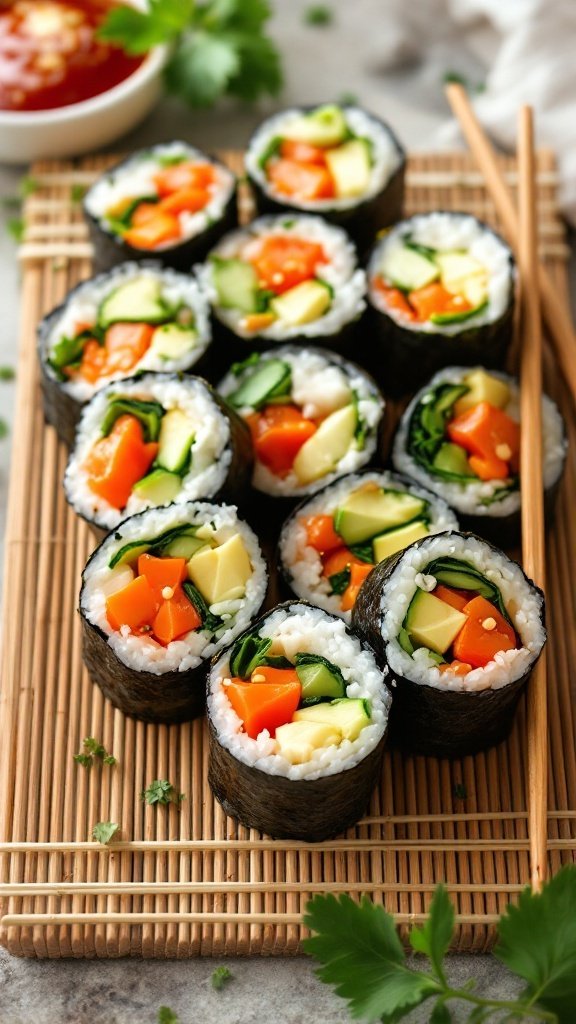 Colorful vegetable sushi rolls arranged on a bamboo mat, with a bowl of dipping sauce nearby.